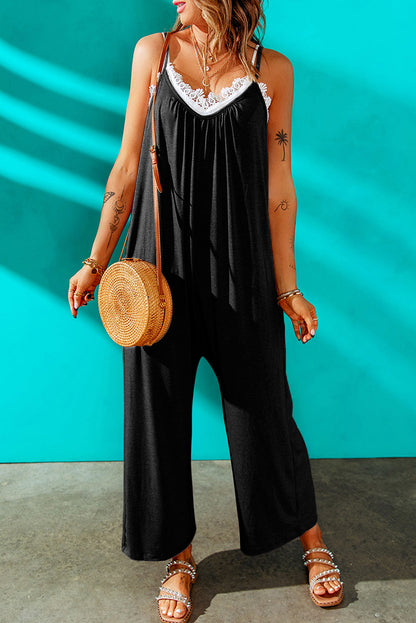 Black Casual Spaghetti Straps Wide Leg Pocketed Jumpsuits Shewin