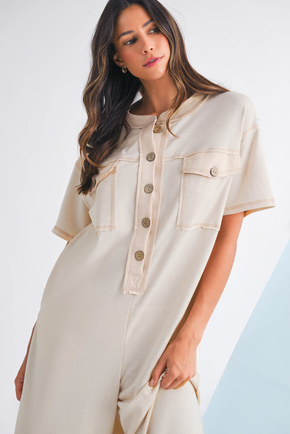 Beau Blue Patchwork Pocket Short Sleeve Jumpsuit Shewin