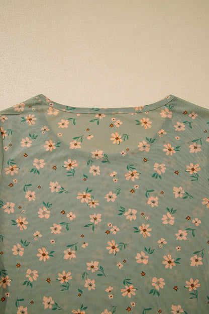 Laurel Green Vintage Floral Print Mesh Slim Fit Long Sleeve Top Shewin