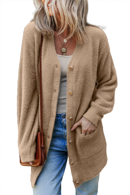 White Fuzzy Buttoned Front Midi Solid Cardigan