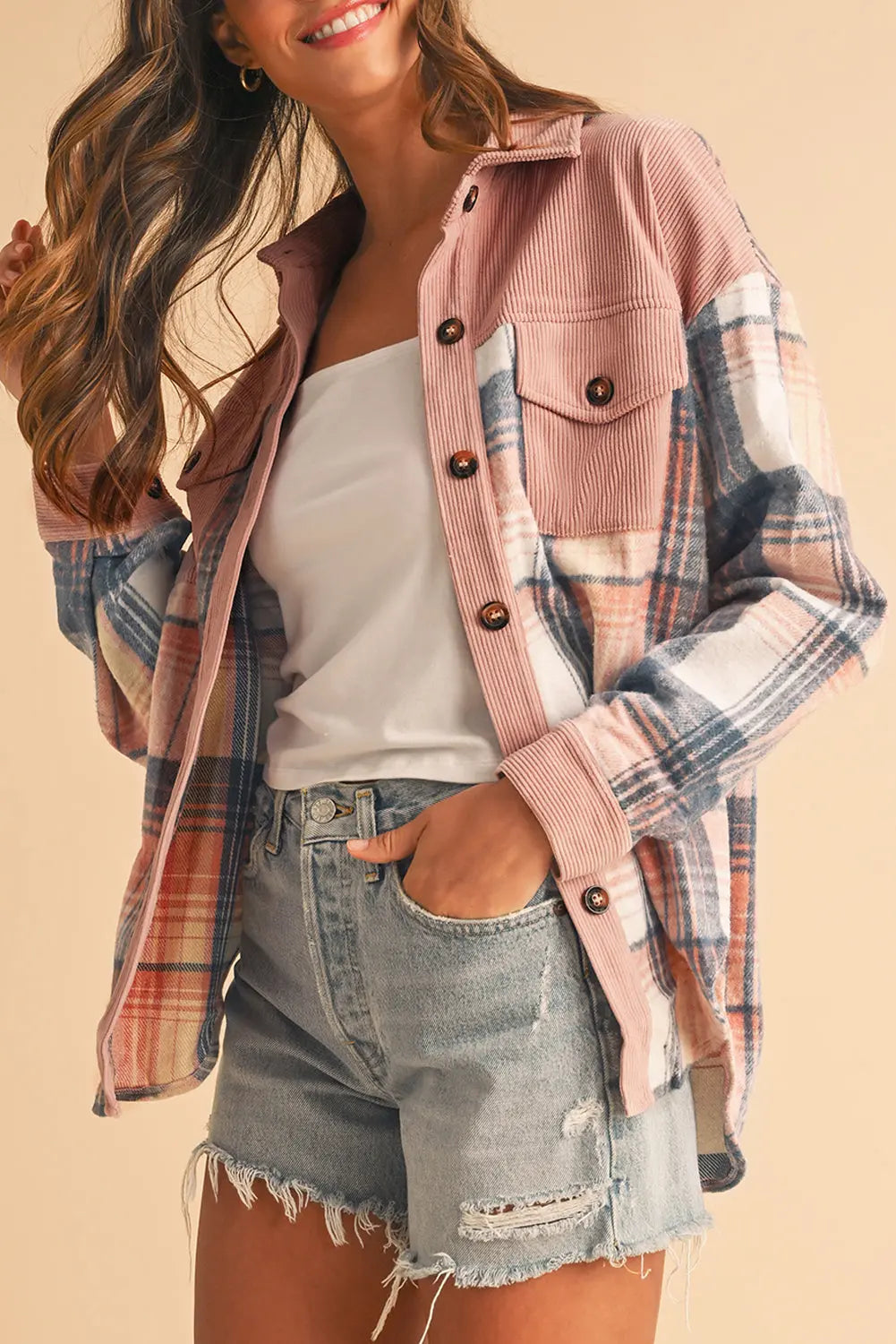 Cinnamon Plaid Corduroy Patchwork Pocket Loose Shacket Shewin