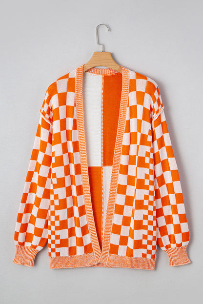Orange Checkered Open Front Drop Shoulder Cardigan Shewin