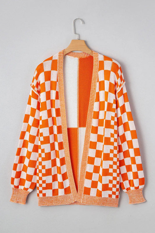 Orange Checkered Comfy Drop Shoulder Cardigan Shewin