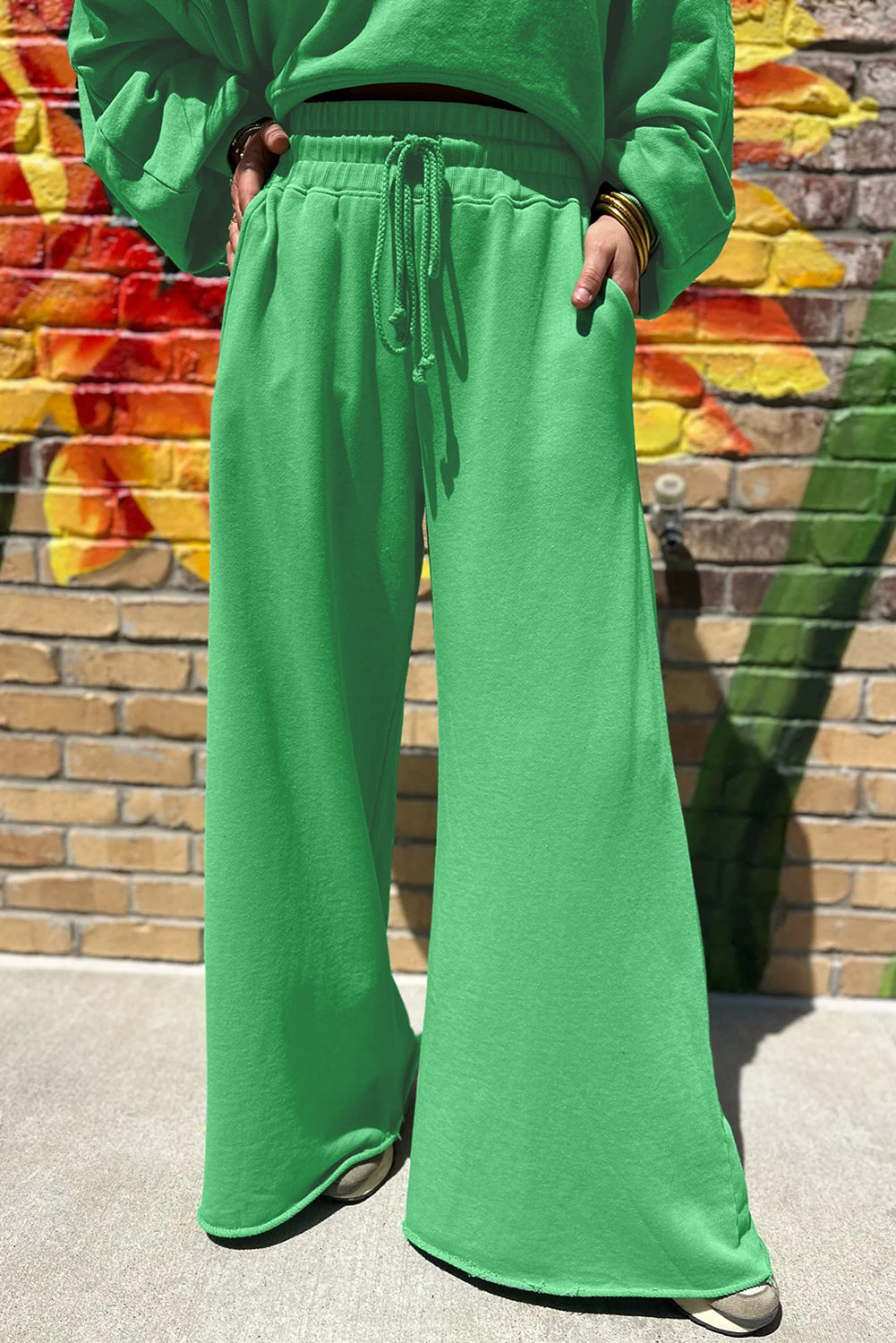 Flamingo Drop Shoulder Crop Pullover Drawstring Wide Leg Pants Set Shewin