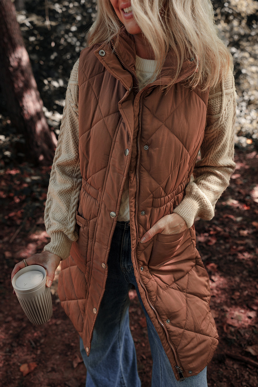 Coffee Puffer Quilted Stand Collar Pocketed Vest Coat Shewin