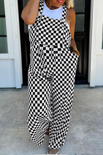 Black Checkered Print Pocketed Wide Leg Overall Shewin