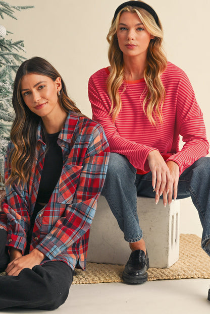 Red Plaid Print Drop Sleeve Loose Shirt Shewin