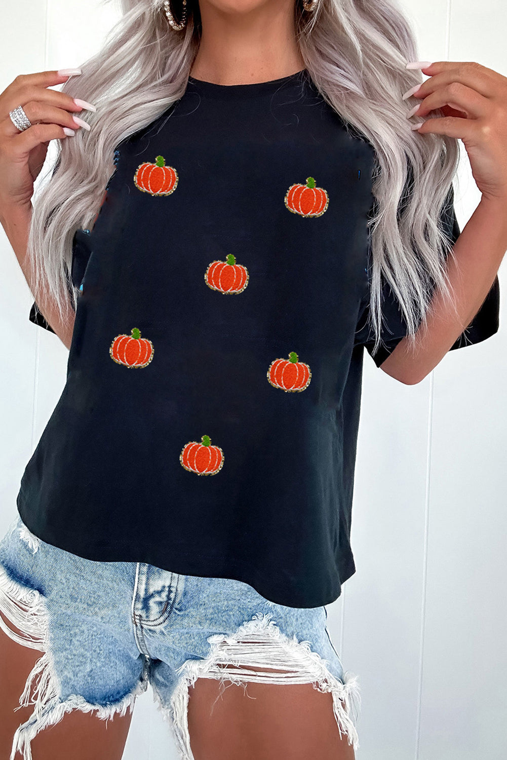 Black Chenille Pumpkin Patched Casual Cotton Blend T Shirt Shewin