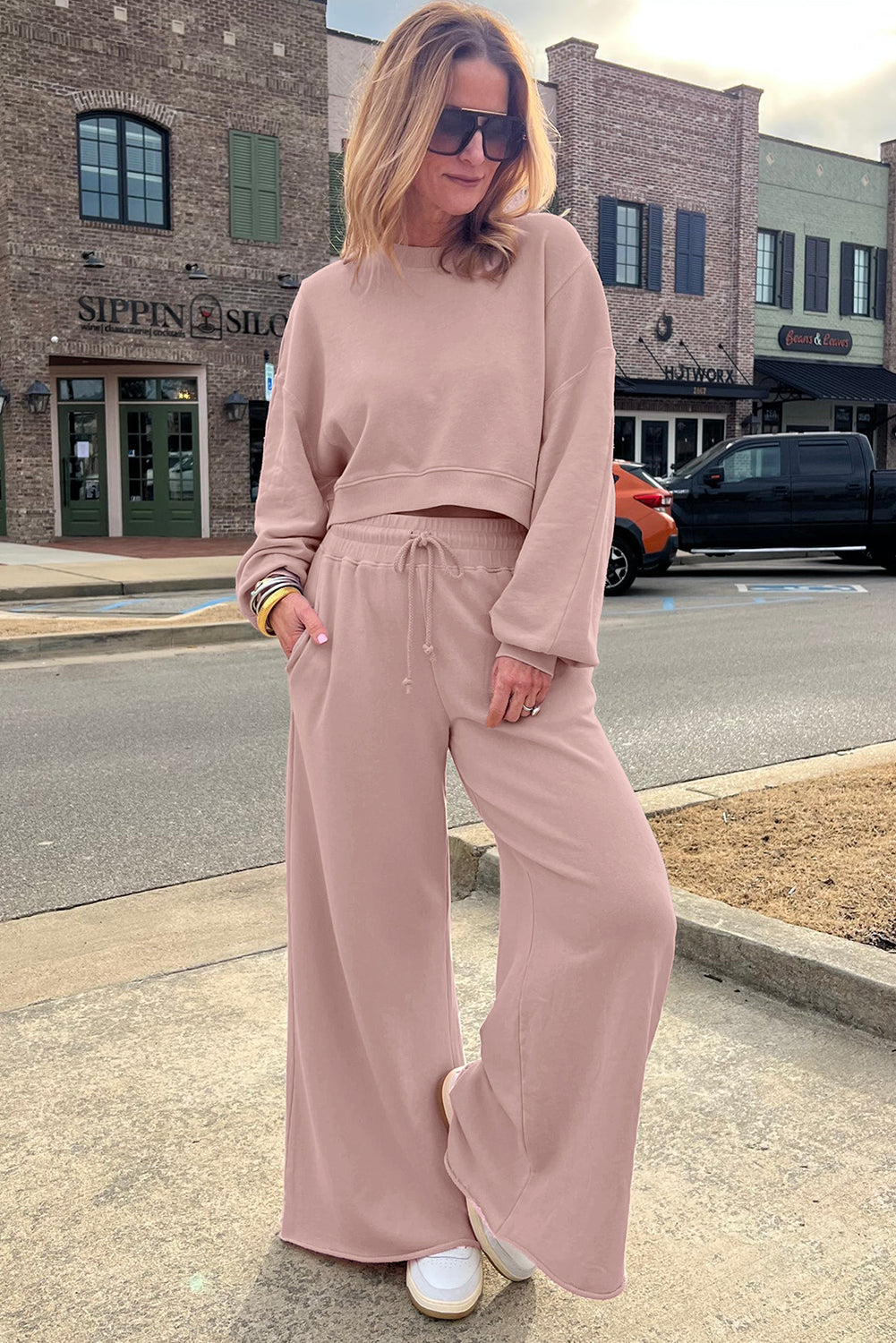 Flamingo Drop Shoulder Crop Pullover Drawstring Wide Leg Pants Set Shewin