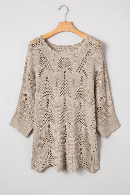 Navy Blue Hollow Out Knit 3/4 Sleeve Loose Sweater Shewin