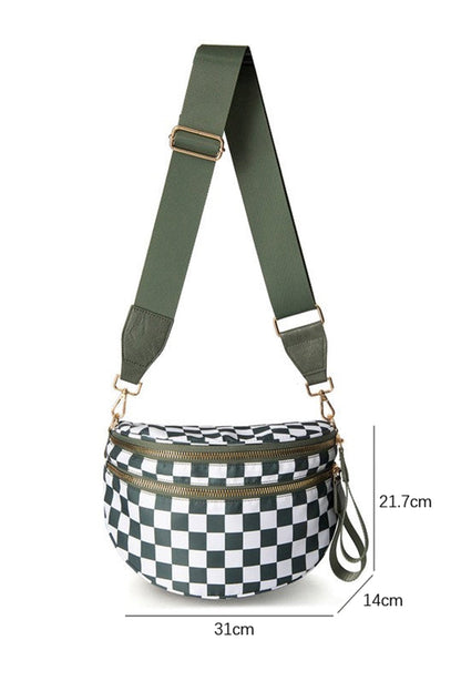 Blackish Green Checkered Print Wide Strap Large Crossbody Bag Shewin