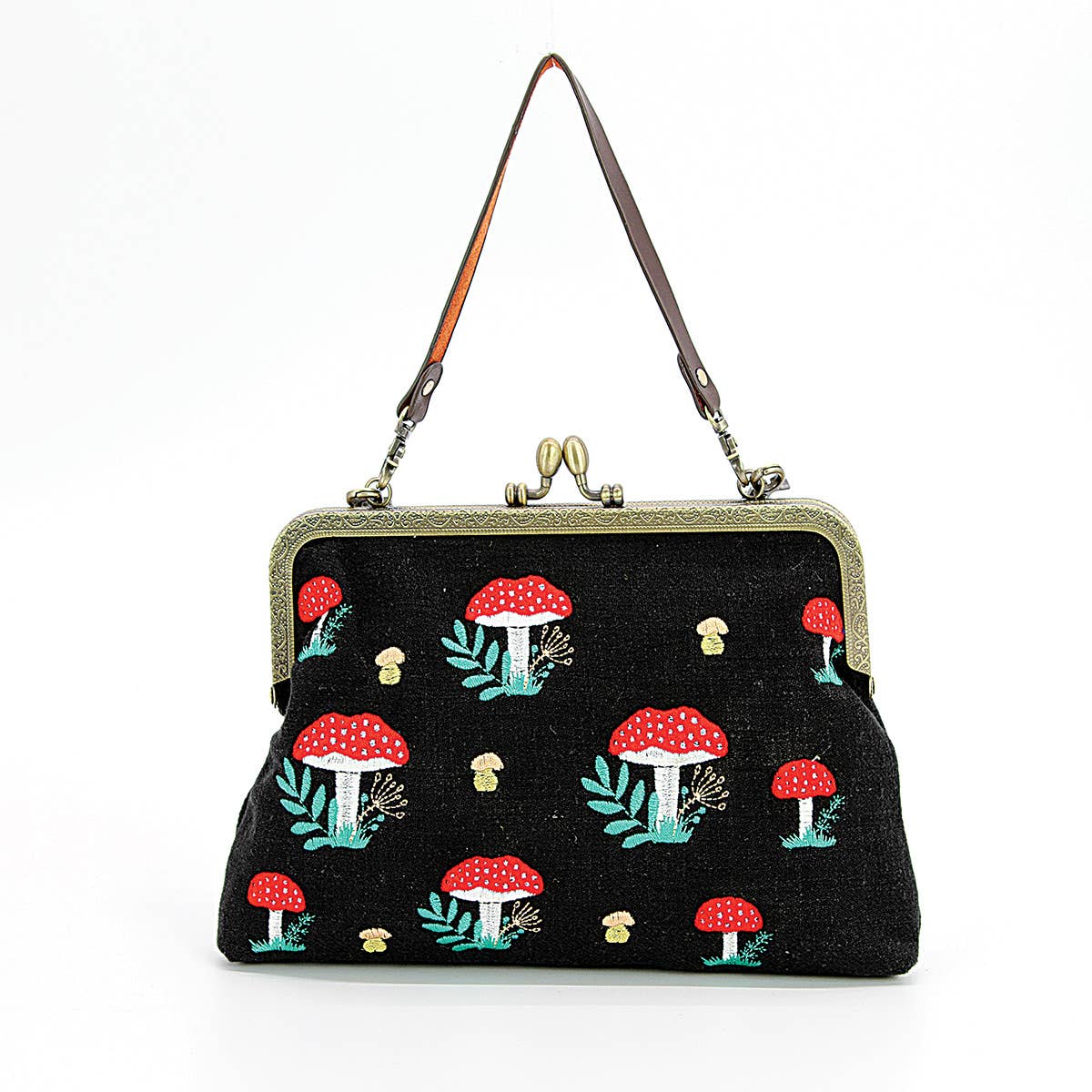 Mushrooms Kisslock Frame Handbag in Cotton: Black Quirks!