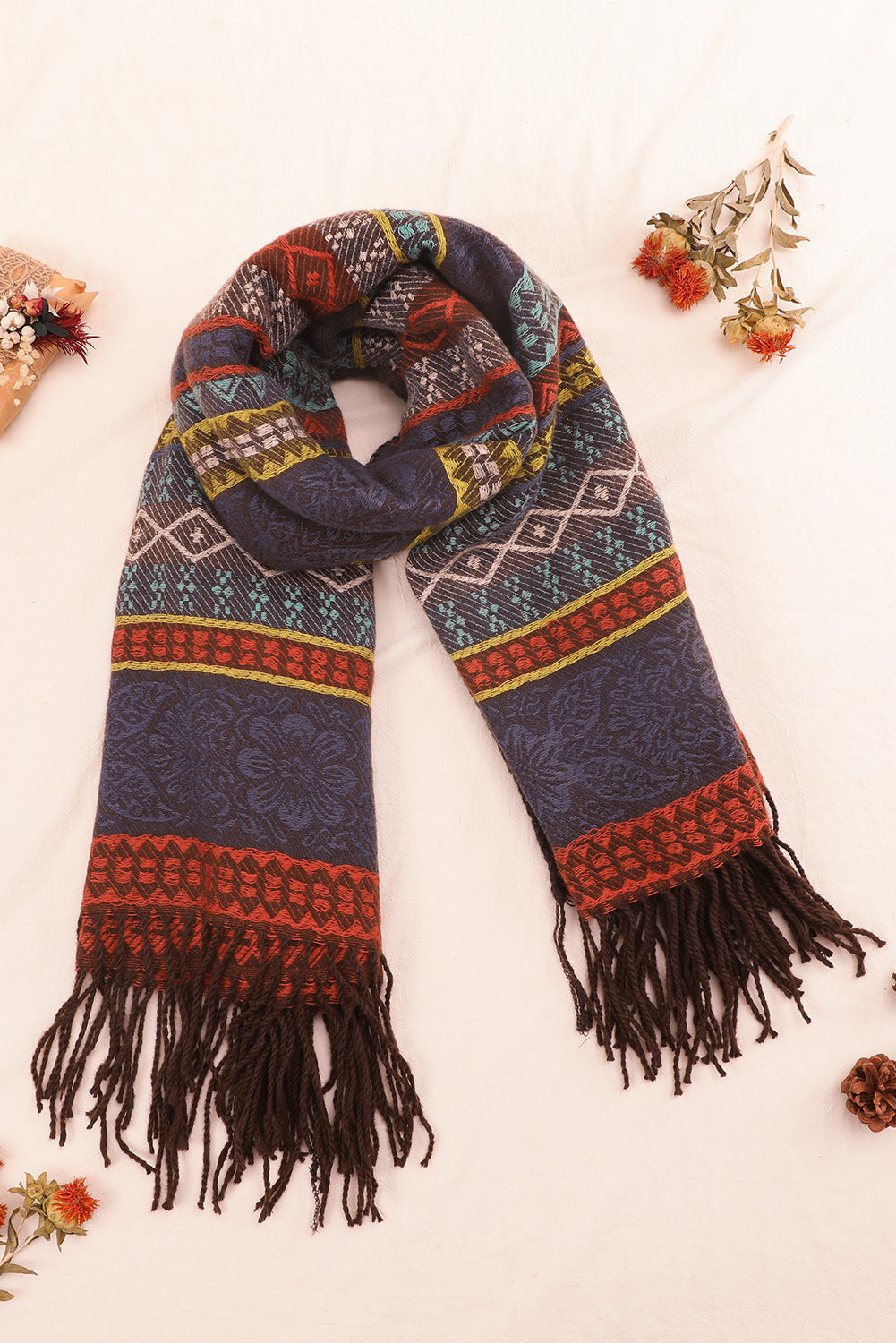 Light Blue Ethnic Print Tassel Trim Shawl Scarf Shewin