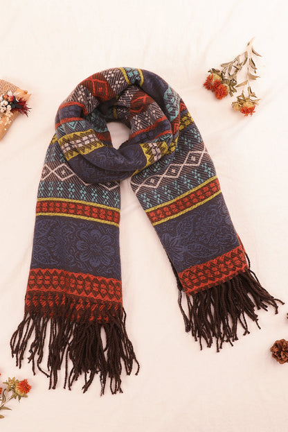 Light Blue Ethnic Print Tassel Trim Shawl Scarf Shewin