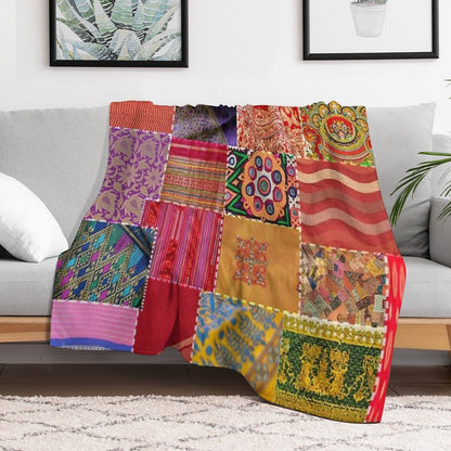 Boho Art  Sari Patchwork Quilt Throw Blanket