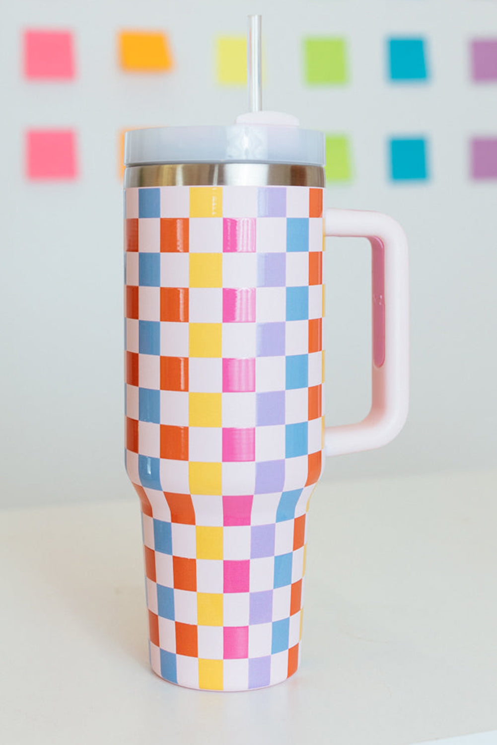 Red 40oz Colorful Checkered Print Handle Vacuum Tumbler Cup Shewin