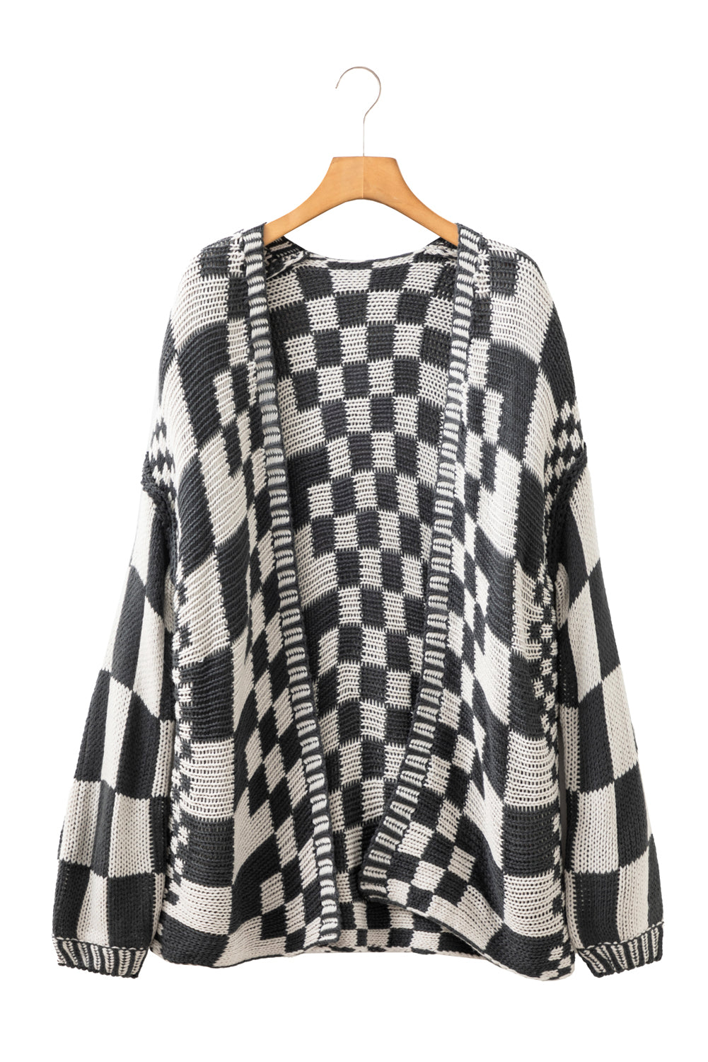 Dark Brown Colorblock Checked Loose Fit Open Front Knitted Cardigan Shewin