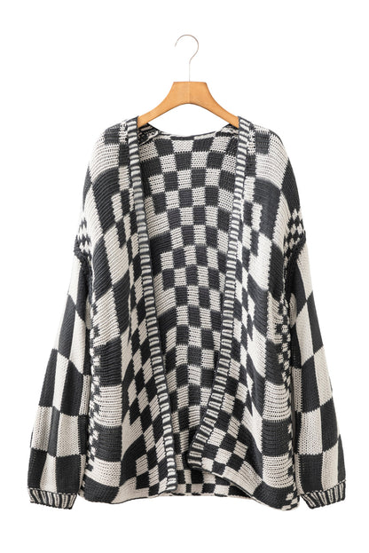 Dark Brown Colorblock Checked Loose Fit Open Front Knitted Cardigan Shewin