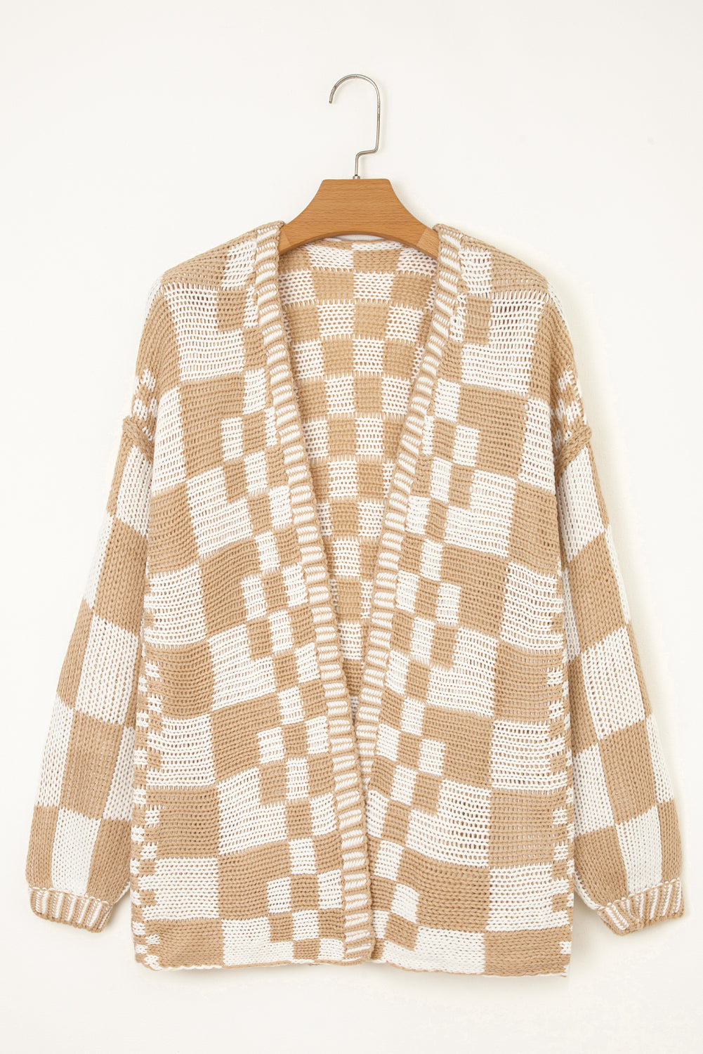 Dark Brown Colorblock Checked Loose Fit Open Front Knitted Cardigan Shewin