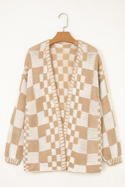 Dark Brown Colorblock Checked Loose Fit Open Front Knitted Cardigan Shewin