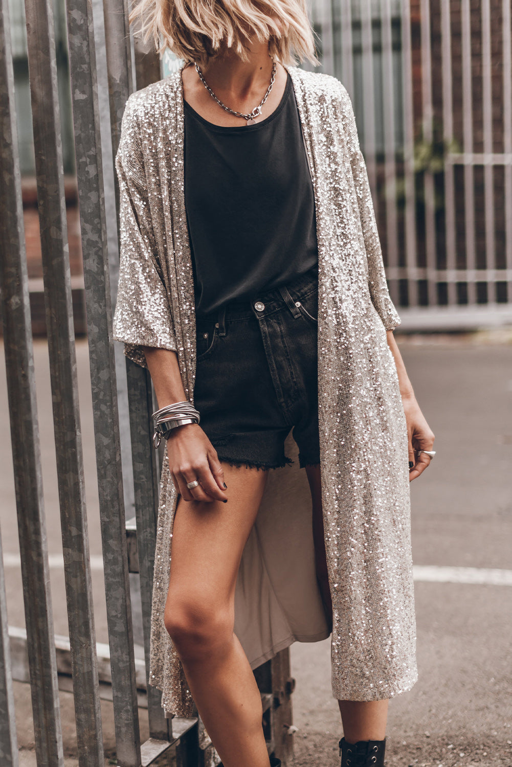 Apricot Sequin 3/4 Sleeve Open Front Duster Cardigan Shewin