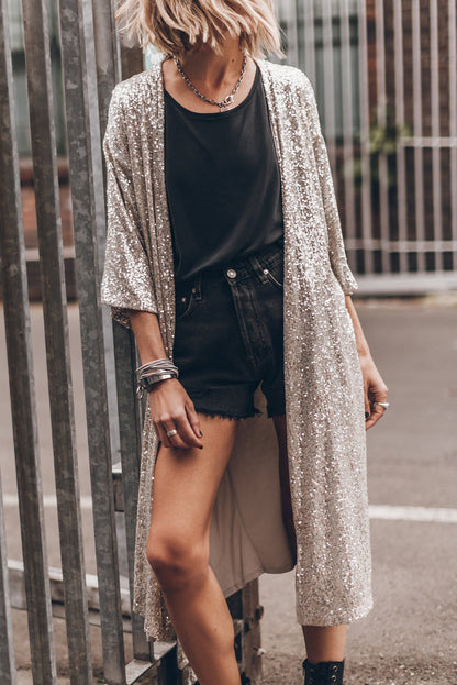 Apricot Sequin 3/4 Sleeve Open Front Duster Cardigan Shewin