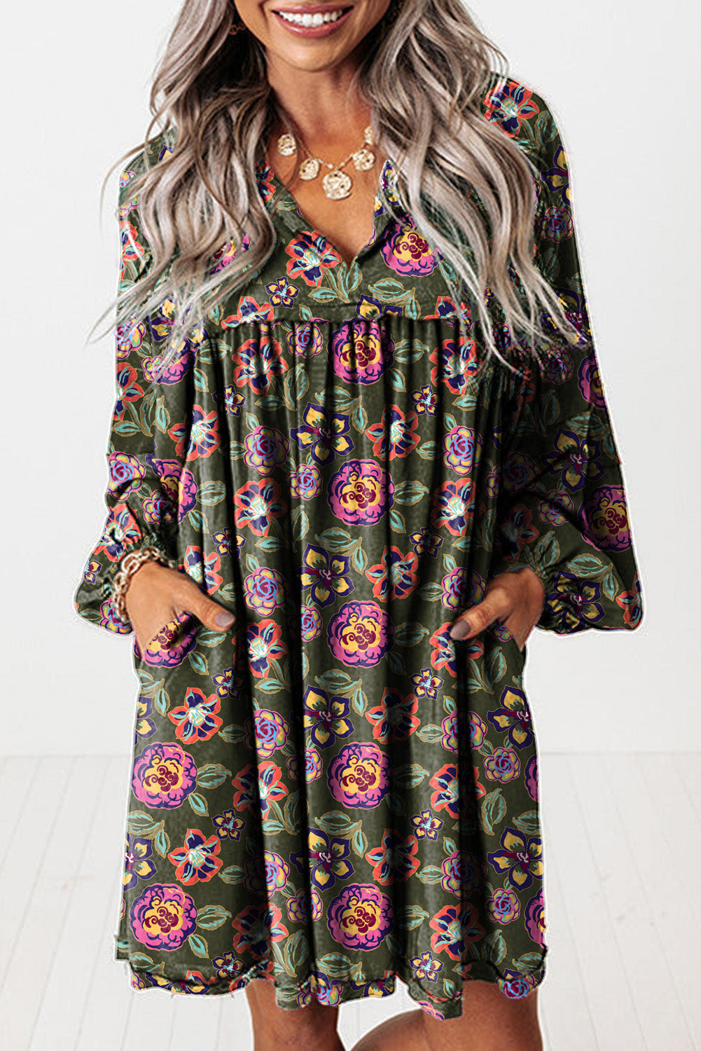 Green Floral Print Split Neck Bubble Sleeve Mini Dress Shewin