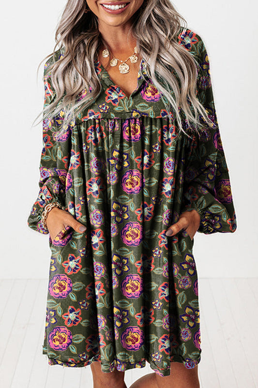 Green Floral Print Split Neck Bubble Sleeve Mini Dress Shewin
