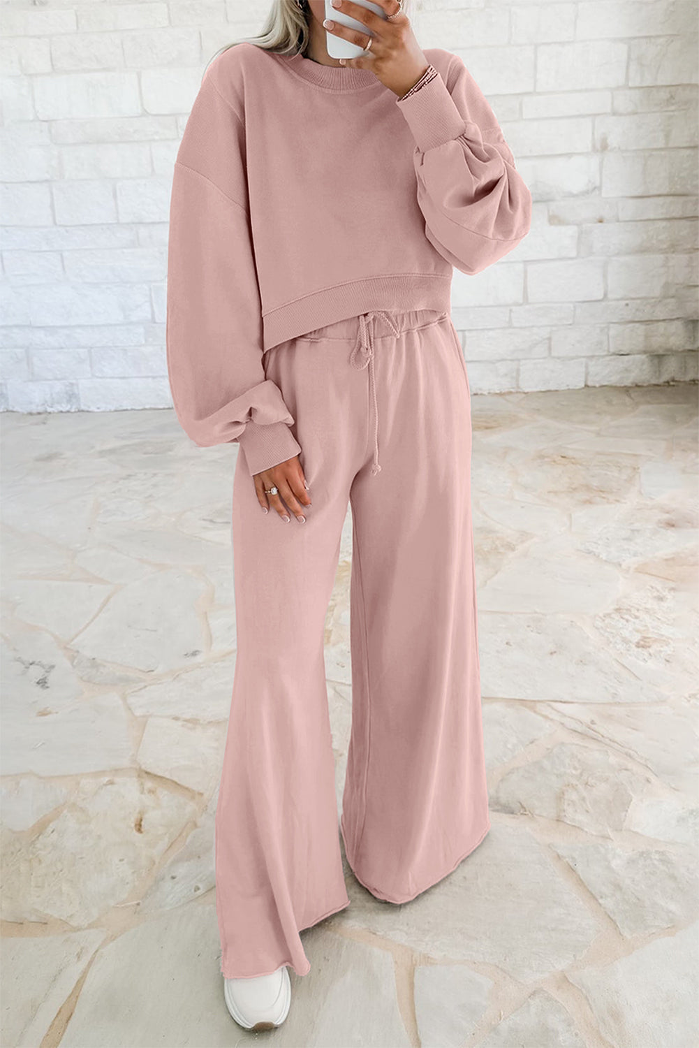 Flamingo Drop Shoulder Crop Pullover Drawstring Wide Leg Pants Set Shewin