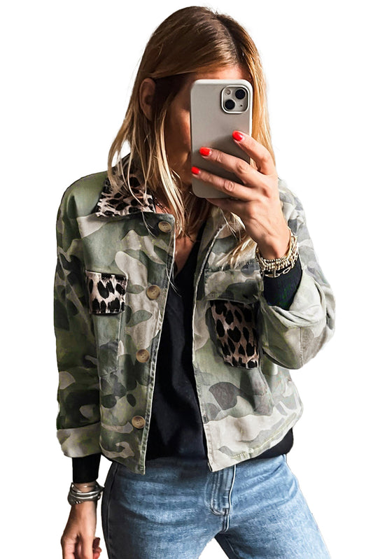 Green Camouflage Leopard Patchwork Flap Pocket Collared Jacket