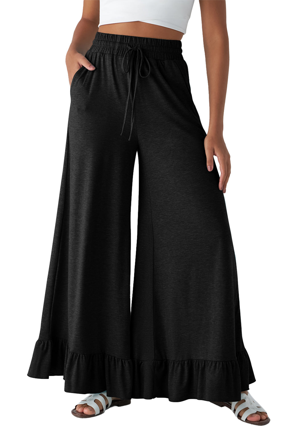 Dune Solid Color Ruffle Hem Wide Leg Pants Shewin