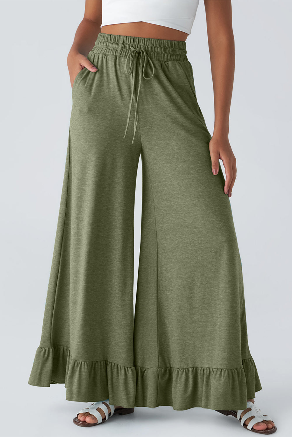 Dune Solid Color Ruffle Hem Wide Leg Pants Shewin