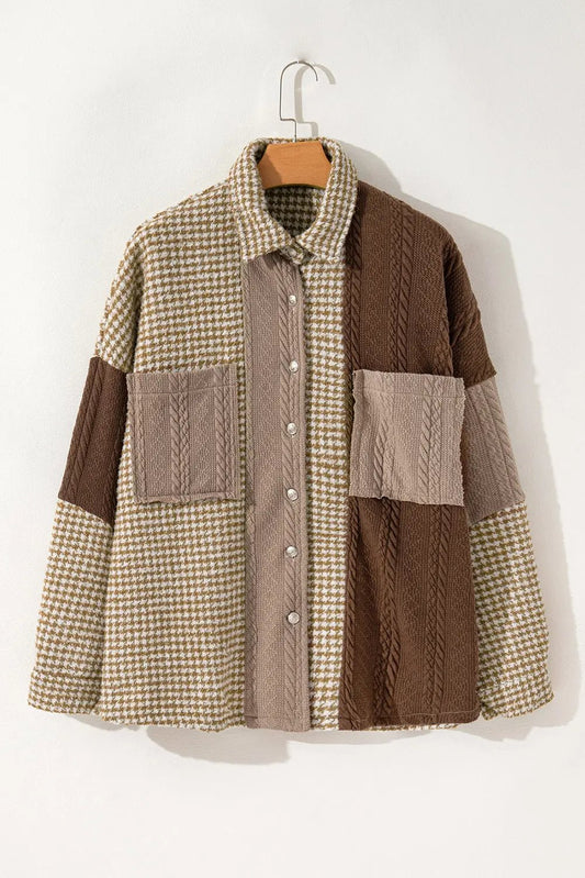 Khaki Houndstooth Textured Patchwork Loose Shacket Shewin