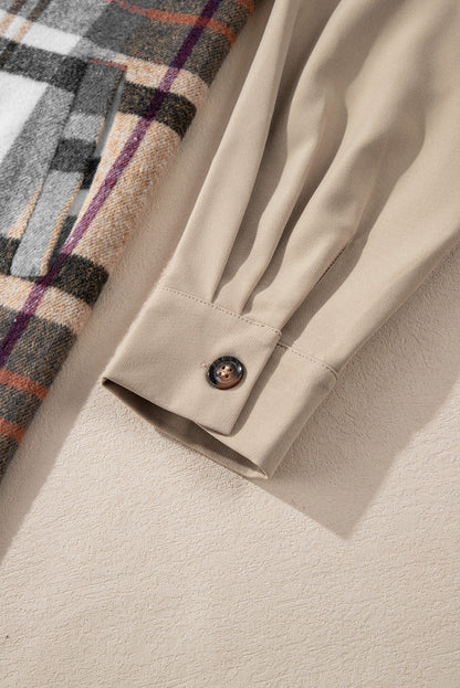 Khaki Plaid Patchwork Long Sleeve Jacket Shewin
