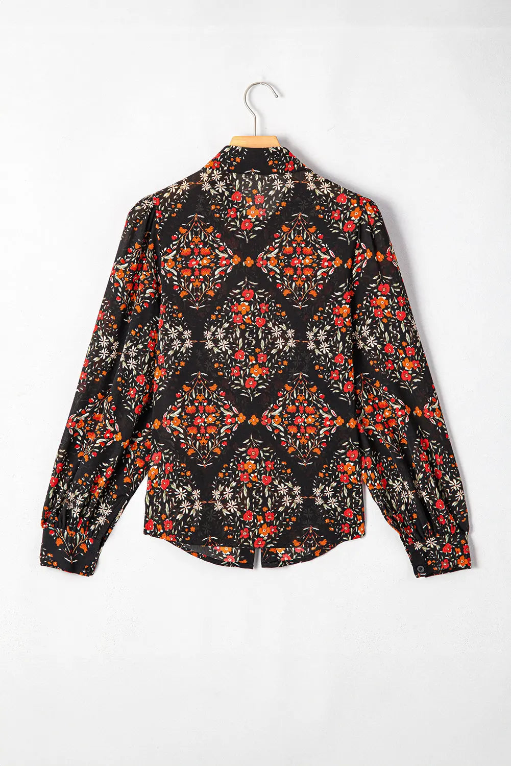 Black Floral Print Collared Button Up Puff Sleeve Shirt Shewin