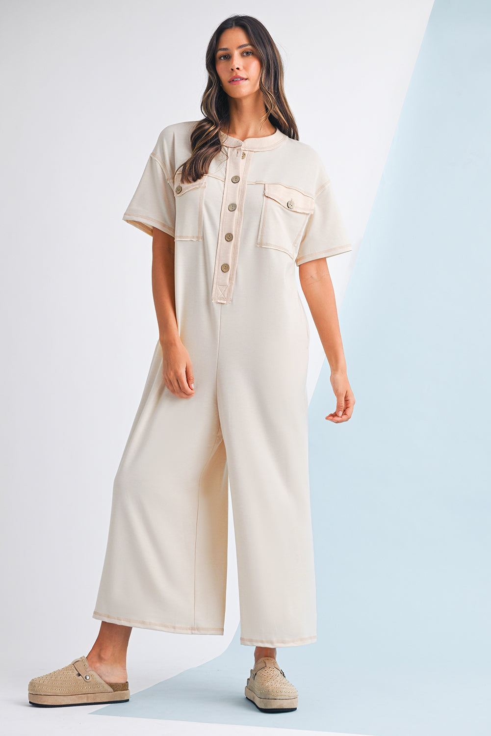 Beau Blue Patchwork Pocket Short Sleeve Jumpsuit Shewin
