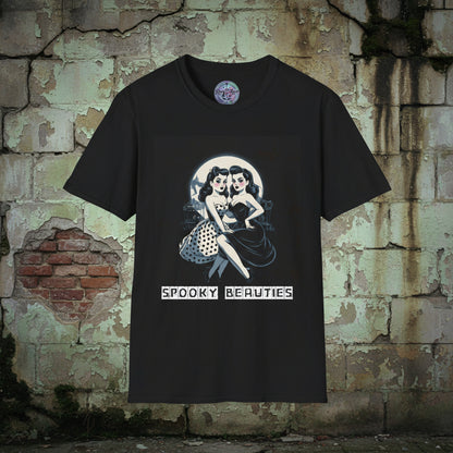 Black t-shirt with 'Spooky Beauties' graphic design on a white background