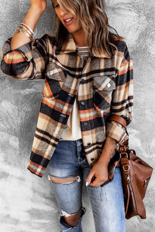 Brown Plaid Button Up Long Sleeve Flannel Shacket Shewin