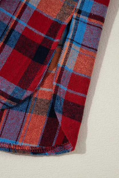 Red Plaid Print Drop Sleeve Loose Shirt Shewin