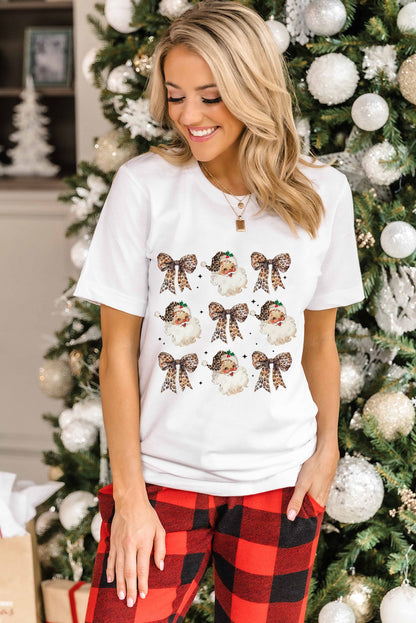 White Santa Claus Leopard Bow Heat Transfer Printing Crew Neck Graphic T Shirt