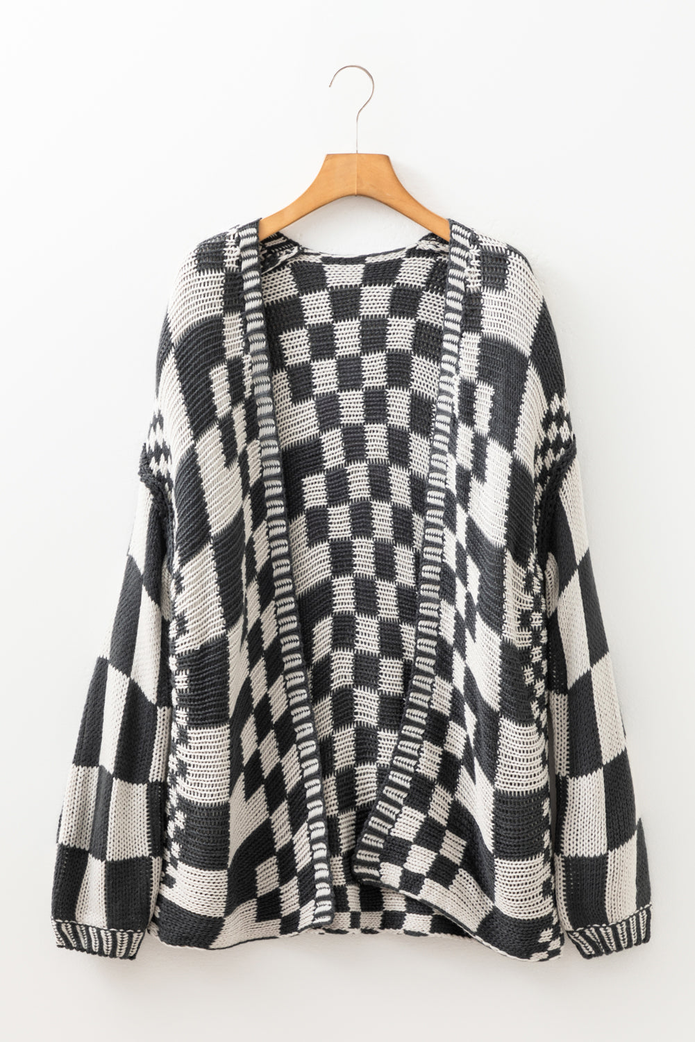 Dark Brown Colorblock Checked Loose Fit Open Front Knitted Cardigan Shewin