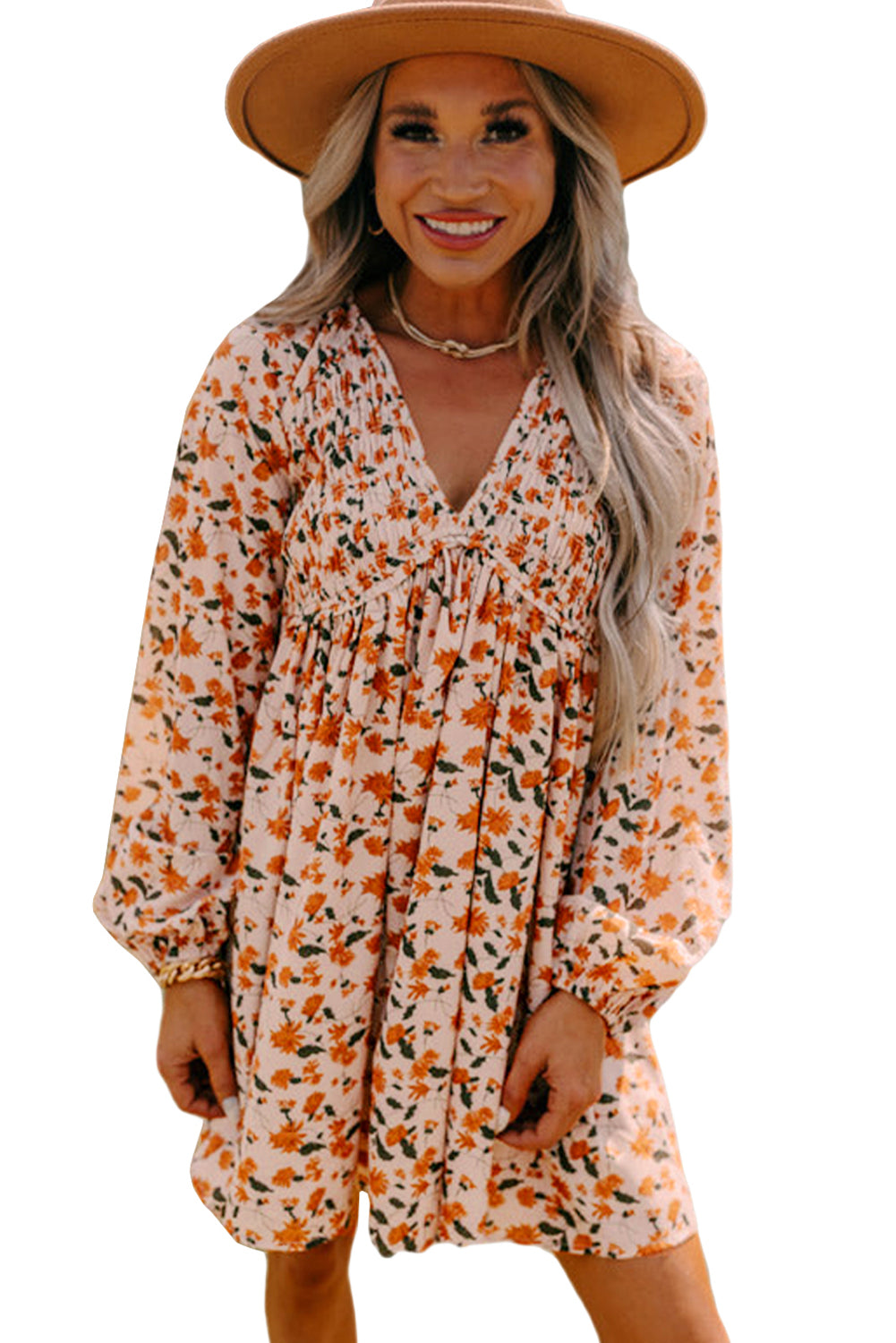 Beige Floral Smocked V Neck Bubble Sleeve Babydoll Dress Shewin
