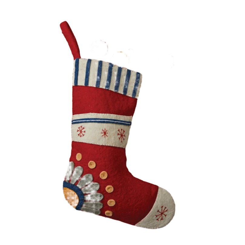 18" Handmade Wool Felt Stocking w/ Embroidered Snowflakes & Flower Quirks!