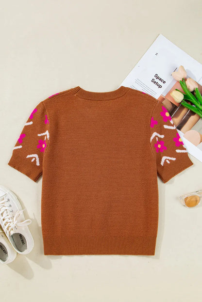 Brown Floral Pattern Short Puff Sleeve Sweater Shewin