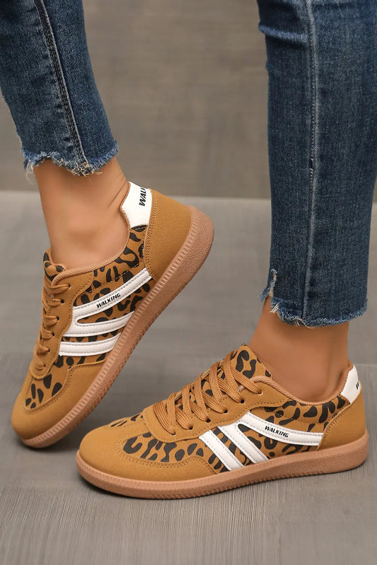 Thai Curry PU Leather Leopard Patchwork Contrast Detail Lace-up Shoes Shewin