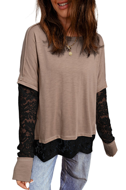 Light French Beige Sheer Lace Patchwork Casual Long Sleeve Tee