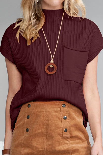 Gold Flame Patch Pocket Ribbed Knit Short Sleeve Sweater Shewin
