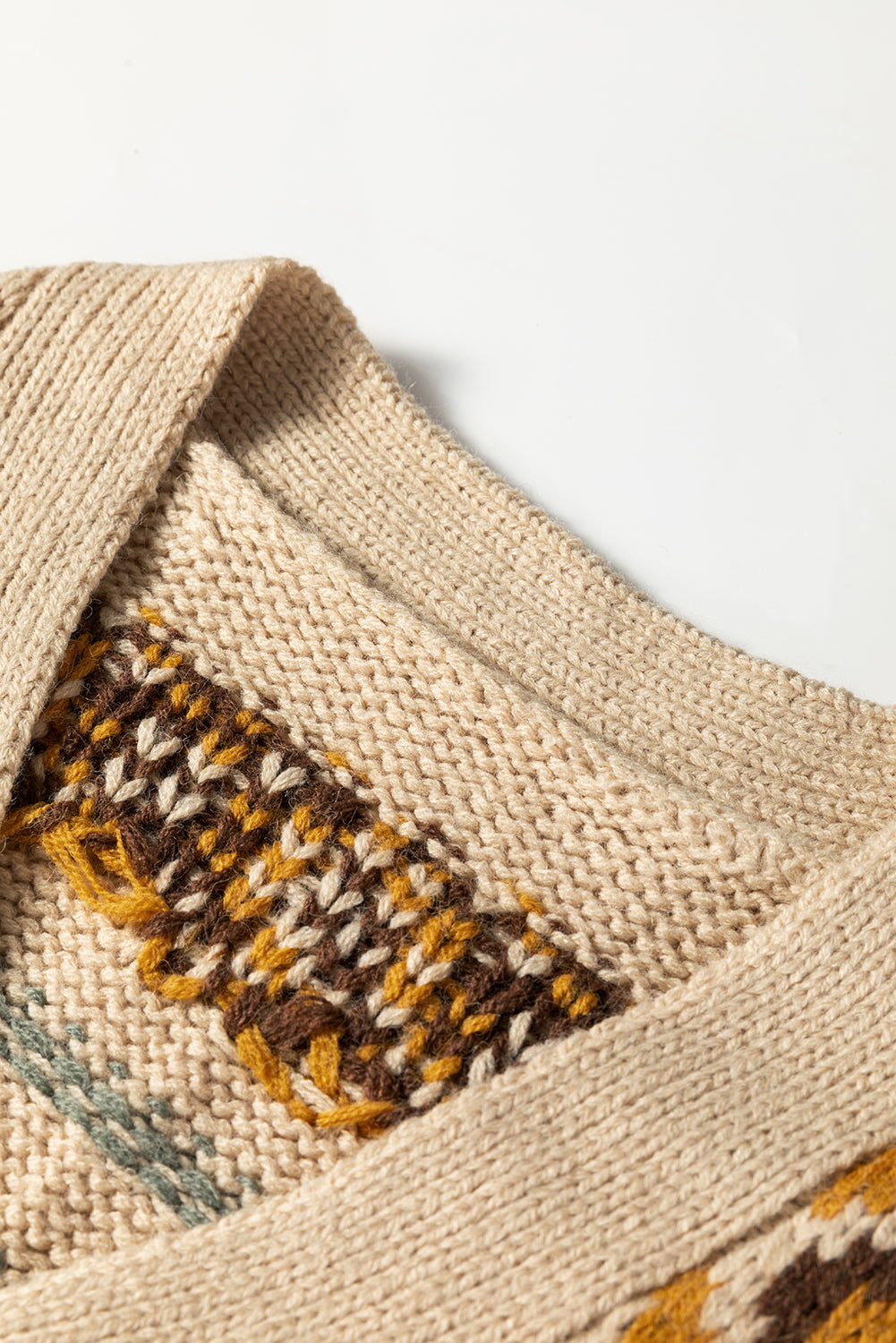 Khaki Geometric Pattern Button V Neck Cardigan Shewin