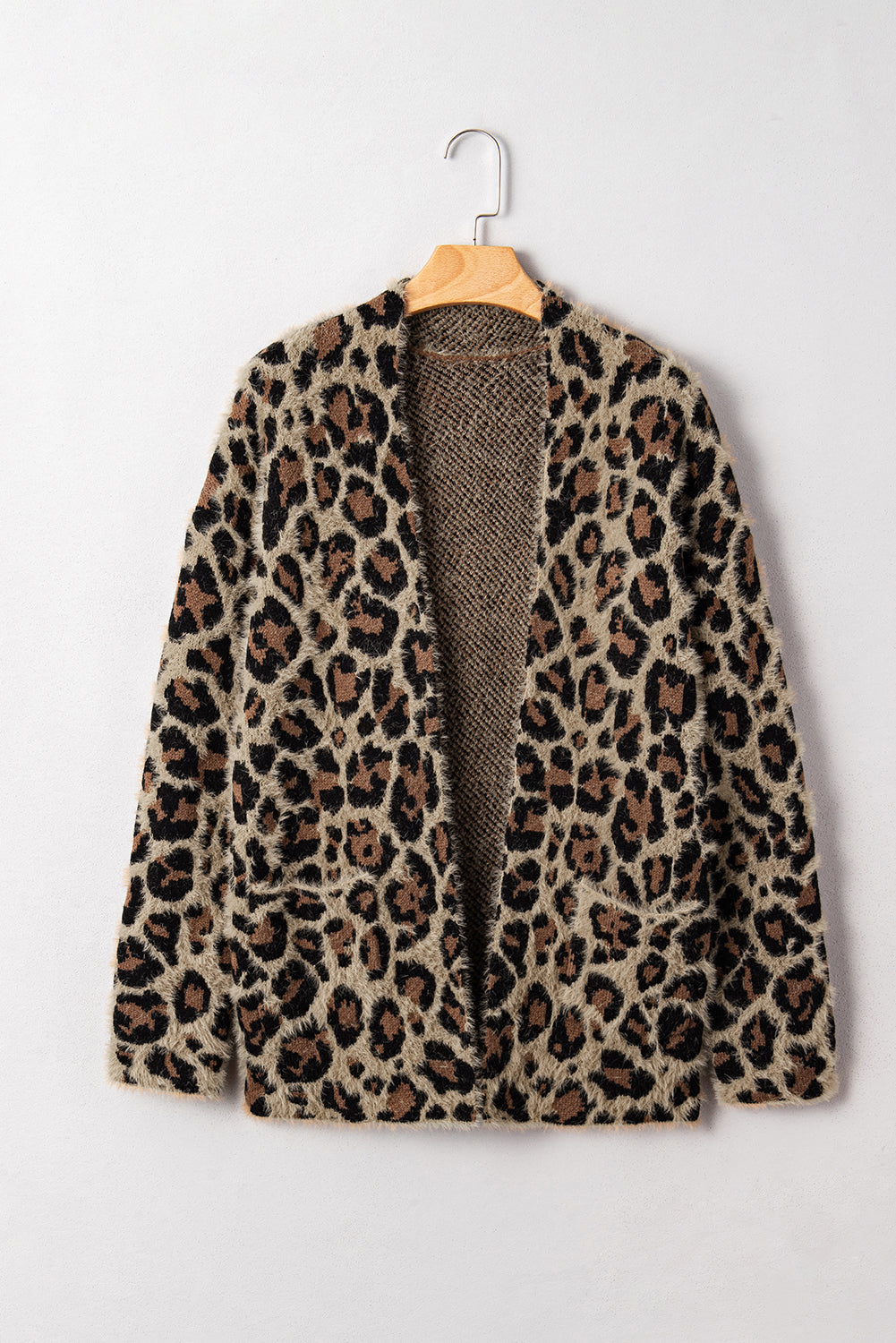 Brown Leopard Open Front Fuzzy Cardigan Shewin
