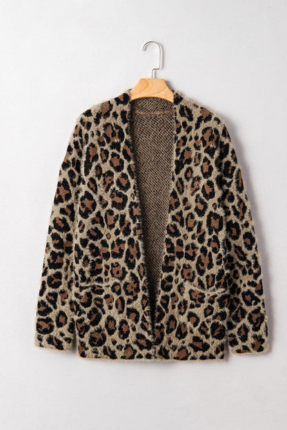 Brown Leopard Open Front Fuzzy Cardigan Shewin